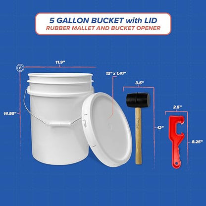 5 Gallon Plastic Bucket with Airtight Lid | Food Grade Bucket | BPA-Free | Heavy Duty 90 Mil All Purpose Pail | One 12" Rubber Mallet & One Lid Opener Included | 1 Pack