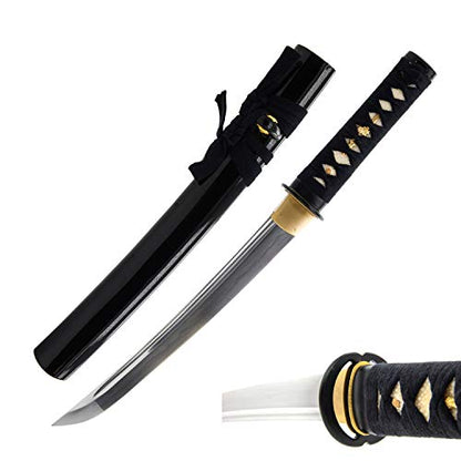 Hand Forged 1045 Carbon Steel Musashi Crest Tanto Full Tang Sword | functional edge for dojo practice, wavy temper, bo-hi groove, openwork guard, rayskin grip