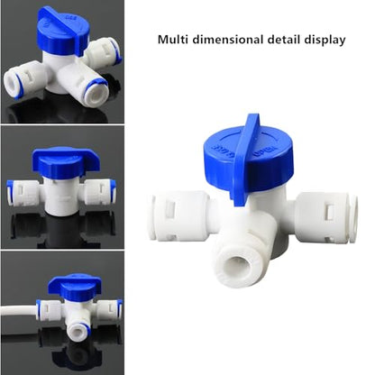 1/4" Push-Fit Tee Valve with Switch | Quick-connect plastic pipe joint for reverse osmosis water filtration systems, beverage dispensers & water purifiers.