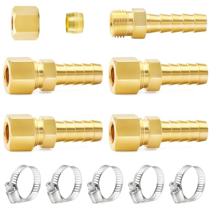ChillWaves Brass Compression Tube Fitting, 1/2" OD x 1/2" Barb Compression Union Connector with Hose Clamp(5-PACK)