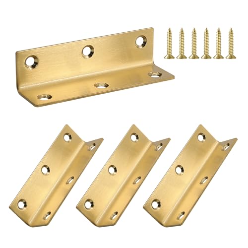 L Bracket, Heavy Duty Corner Brace, 4 Pack 4 Inch Stainless Steel Shelf Bracket Angle Bracket for Shelves, Gold Metal Braces for Wood, 100mm Overall Length - size: 4 Inch, style: Gold 4 Pack