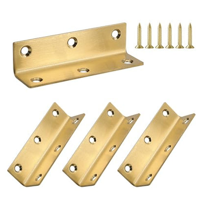 L Bracket, Heavy Duty Corner Brace, 4 Pack 4 Inch Stainless Steel Shelf Bracket Angle Bracket for Shelves, Gold Metal Braces for Wood, 100mm Overall Length - size: 4 Inch, style: Gold 4 Pack