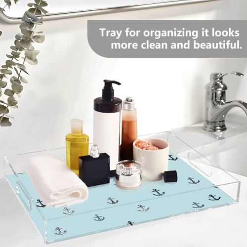 Acrylic Tray Clear Serving Vanity Ottoman Bathroom Coffee Table Countertop Organizer Raised Edge Spill Proof Nautical Anchors Blue - color: Nautical Anchors Blue