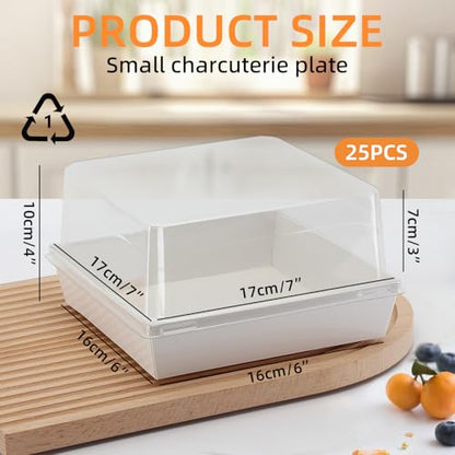 7 x 7 x 4 Inches Paper Charcuterie Boxes with Clear Lids, 25 Pack Large Clear Cake Boxes for 4-6 Inch Cake, Disposable Bakery Boxes Food Containers for Cupcakes,Pie,Cookies, Cocoa Bomb White