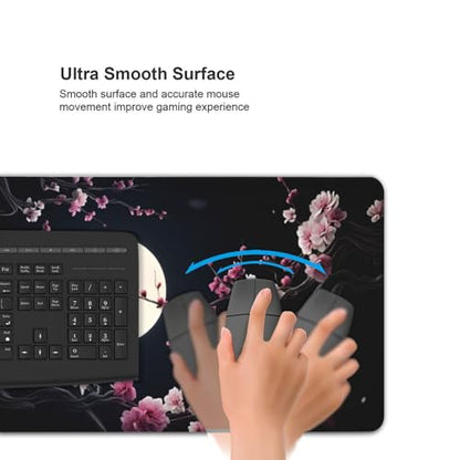 XXL Gaming Mouse Pad 35.4 x 15.7 Inch, Large Extended Desk Mousepad with Cherry Blossom Moon Design, Water-Resistant Surface, Stitched Edges, Non-Slip Rubber Base Desk Mat - color: Cherry Blossom Moon