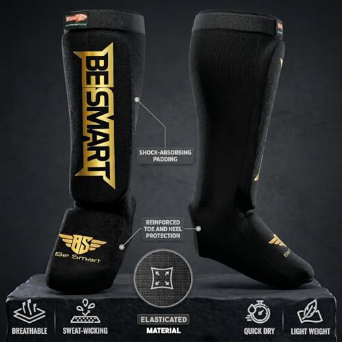Be Smart MMA Shin Guards for Kickboxing, Muay Thai & Martial Arts – Padded Instep Protection, Lightweight Cotton Elastic Shin Pads – Adult & Youth Training Gear - color: Black/Gold, size: Large-X-Large