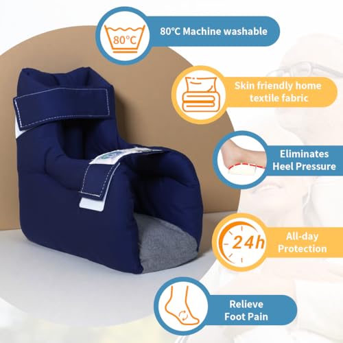 EZ Assitive Heel Protector Sleeves – Open Heel Design for Pressure Relief, Adjustable Straps, Soft & Breathable Fabric, Fits Both Feet (1pc) – Ideal for Bedridden, Elderly & Diabetic Care - color: Navy Blue