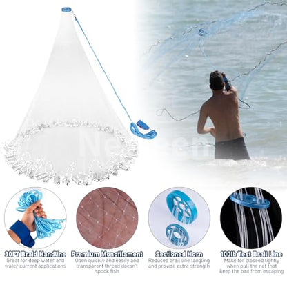 Neween Cast Net for Fishing with Shrimp Cage, American Freshwater Saltwater 3/4/5/6/7/8/9/10Ft Radius Casting Net Bait Trap Fish, Heavy Duty Zinc Sinker, 3/8 Inch Mesh Size - style: 3ft (90cm) Radius