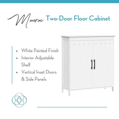 RiverRidge Monroe Two-Door Floor Storage Cabinet - Bathroom Storage Cabinet with Adjustable Shelves - Soft-Close Doors White Finish with Matte Black Handles