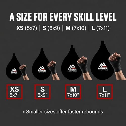 Amber Fight Gear Leather Boxing Punching Speed Bag | Genuine leather shell, welted triple-stitched seams, latex inner bladder, black finish, 4 size options from XS to Large - size: Small (6"x9")