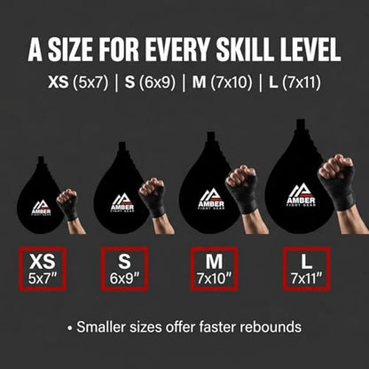 Amber Fight Gear Leather Boxing Punching Speed Bag | Genuine leather shell, welted triple-stitched seams, latex inner bladder, black finish, 4 size options from XS to Large - size: Small (6"x9")