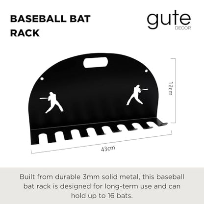 GUTE Baseball Bat Rack Holds 16 Bats Metal Wall Mount Organizer Heavy Duty Garage Storage Caddy Fence Holder - Black