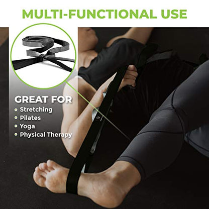 Stretching Strap for Physical Therapy, 12 Multi-Loop Stretch Strap 1" W x 8' L, Neoprene Handles, Physical Therapy Equipment, Yoga Straps for Stretching, Leg Stretcher. - color: Black/Grey
