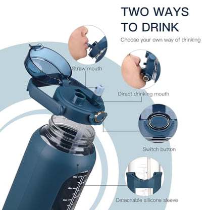 chunmo 52oz Glass Water Bolttles with Straw Half Gallon Large Motivational Water Bottle - color: Dark Blue, size: 52 Ounces