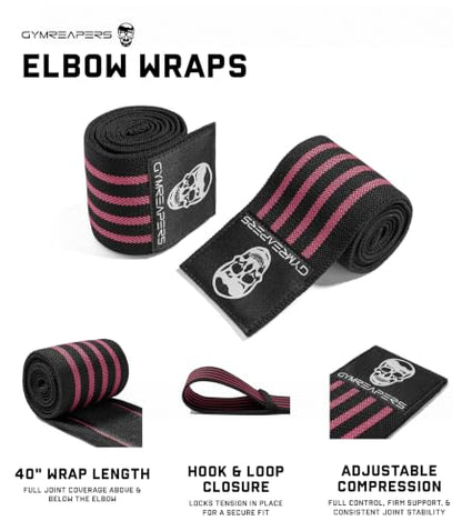 Gymreapers Weightlifting Elbow Wraps (1 Pair) - Flexible 40'' Elbow Compression Strap & Joint Support Brace - for Bench Press, Powerlifting, and Pressing - color: Pink