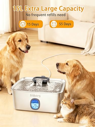 4Gal/15L Large Dog Water Fountain, Stainless Steel Pet Fountain with Water Window & LED Light, Ultra Quiet Automatic Dog Water Bowl Dispenser for Large Dogs & Multi-pet, Easy to Clean FS76