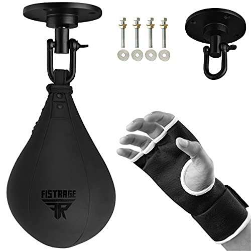 FISTRAGE Speed Ball Boxing Hand Wraps MMA Muay Thai Training Punching Dodge Striking Bag Leather Kit Hanging Swivel Workout Speedball Kicking with Mitt (Black) - color: Black, size: Large-X-Large