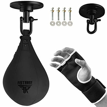 FISTRAGE Speed Ball Boxing Hand Wraps MMA Muay Thai Training Punching Dodge Striking Bag Leather Kit Hanging Swivel Workout Speedball Kicking with Mitt (Black) - color: Black, size: Large-X-Large