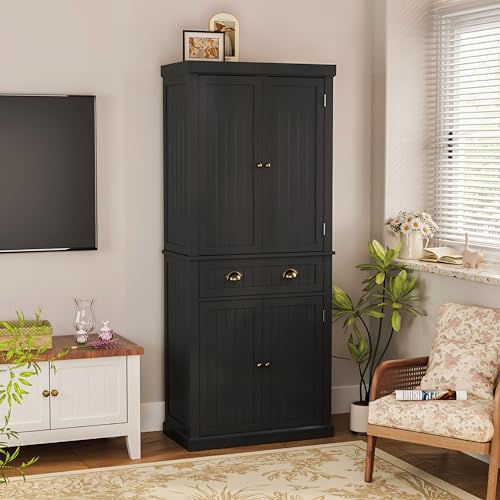 72" Kitchen Pantry,Tall Storage Cabinets with Doors and Shelves,Freestanding Pantry Cabinet for Bathroom,Dining Room and Living Room (Black) - color: Black