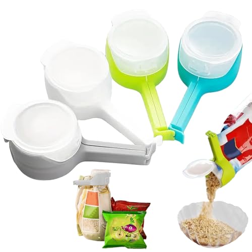 4Pcs Bag Clip with Pour Spout,Bag Clips for Food Storage Sealing Clips,Bag Spout Clips,Seal and Pour Bag Clip,Reusable Plastic Cap Sealer Clips for Food Liquid Snack