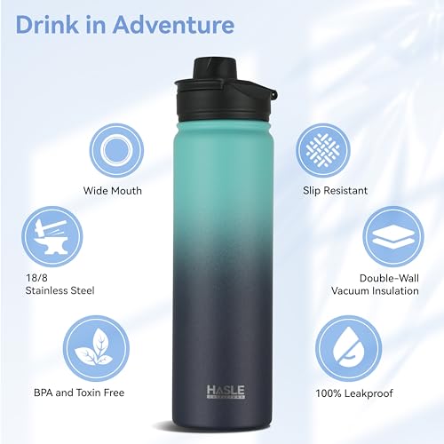 HASLE OUTFITTERS Insulated Water Bottle 22 oz Double Wall Stainless Steel Water Bottle Wide Mouth with Straw Lid & Spout Lid Keeps Cold or Hot(Green Blue Gradient,1) - color: Green Blue Gradient, size: 22 Ounces
