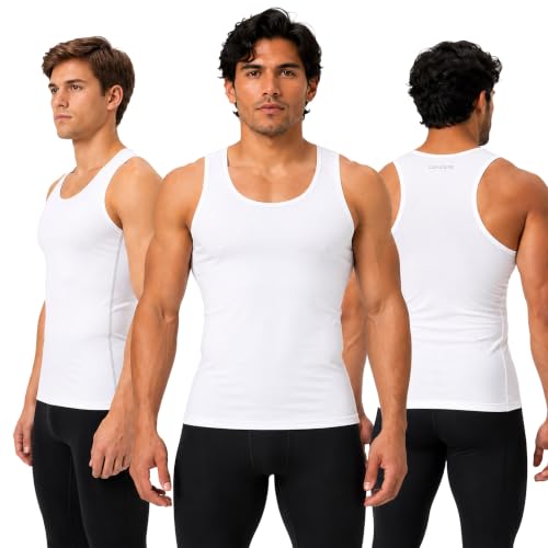DEVOPS 3 Pack Men's Muscle Dry Fit Compression Tank Top Sleeveless Shirt - color: White / White / White(gray-stitch), size: XX-Large