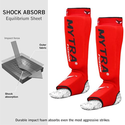 Mytra Fusion Shin Pads Instep Protector Kick Boxing Muay Thai Training Elasticated shin Guards - color: Red, size: Small-Medium