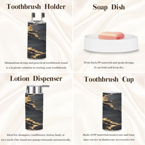Bathroom Accessory Set 6 Piece Gold Natural Black Marble Gold Russia Trash can, Toothbrush Holder, Toothbrush Cup, Soap Dispenser, Soap Dish, Toilet Brush Holder - color: Color3