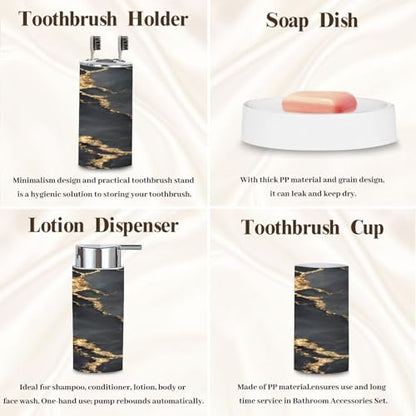 Bathroom Accessory Set 6 Piece Gold Natural Black Marble Gold Russia Trash can, Toothbrush Holder, Toothbrush Cup, Soap Dispenser, Soap Dish, Toilet Brush Holder - color: Color3