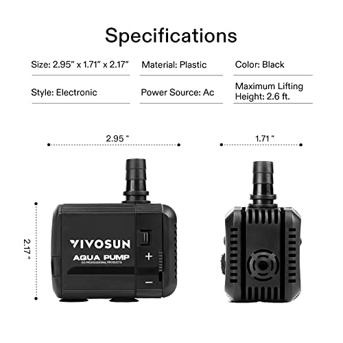 VIVOSUN 130GPH Submersible Pump(500L/H, 6W), Ultra Quiet Water Pump with 2.6ft High Lift, Fountain Water Pump with 5ft Power Cord, 2 Nozzles for Fish Tank, Pond, Aquarium, Statuary, Hydroponics - size: 130GPH