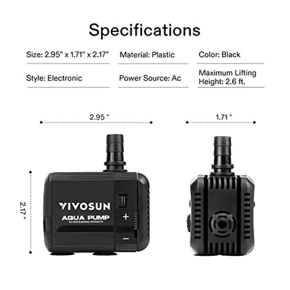 VIVOSUN 130GPH Submersible Pump(500L/H, 6W), Ultra Quiet Water Pump with 2.6ft High Lift, Fountain Water Pump with 5ft Power Cord, 2 Nozzles for Fish Tank, Pond, Aquarium, Statuary, Hydroponics - size: 130GPH