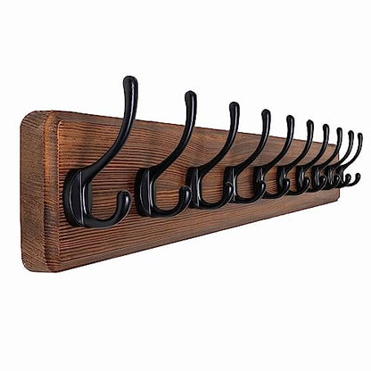 SKOLOO Rustic Wall Mounted Coat Rack, 10 Hooks, 38", Solid Wood, Brown - color: Wood Brown & Black, size: 38 inch