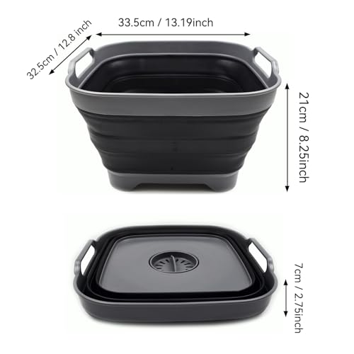 SAMMART 10L (2.64 Gallon) Collapsible Dishpan with Draining Plug - Foldable Washing Basin - Portable Dish Washing Tub - Space Saving Kitchen Storage Tray (1, Grey/Black)
