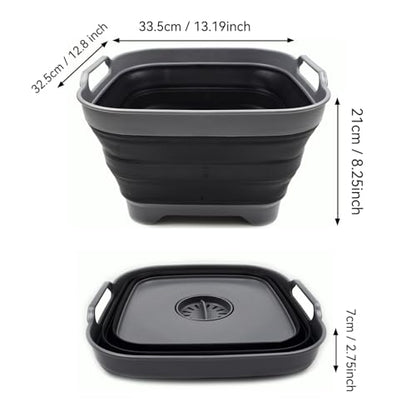 SAMMART 10L (2.64 Gallon) Collapsible Dishpan with Draining Plug - Foldable Washing Basin - Portable Dish Washing Tub - Space Saving Kitchen Storage Tray (1, Grey/Black)
