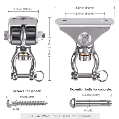 SELEWARE Silent Swing Hanger Heavy Duty Bearing Swing Hooks 2 Pack | 360° Swivel Stainless Steel Ceiling Mount for Porch Swing Hammock Chair Heavy Bag Yoga Silk Suspension Straps Olympic - color: C: 360° Bearing Swing Hanger ( 2 Pack )