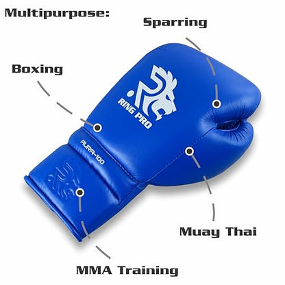 Aura 100 Full Grain Leather Lace Up Boxing Gloves for Men & Women – Professional Training, Sparring, Competition, Muay Thai, Kickboxing & Heavy Bag Gloves - color: Blue, size: 10 OZ