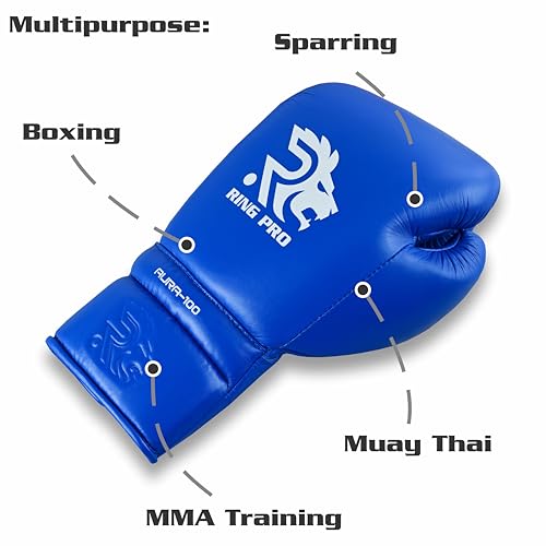 Aura 100 Full Grain Leather Lace Up Boxing Gloves for Men & Women – Professional Training, Sparring, Competition, Muay Thai, Kickboxing & Heavy Bag Gloves - color: Blue, size: 12 OZ