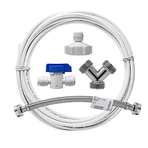 Washer Laundry Water Feed Line Splitter For Water Filtration RO Deionization Aquarium System 25’ Feet X 1/4” Tubing W/Shut Off Valve And Wye Connector + Supply Hose