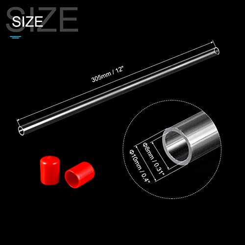 PATIKIL Clear Rigid Tube Round Plastic Tubing with Red Rubber Caps Polycarbonate Water Pipe, 305mm/ 12 Inch Length, 8mmx10mm/0.31"x0.4", 2 Set