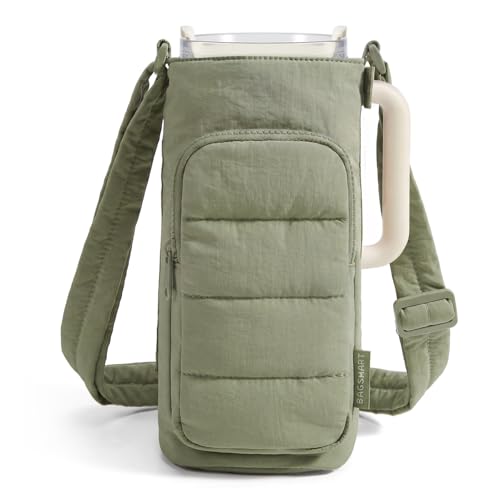 BAGSMART 40oz Water Bottle Holder with Strap, Quilted Gym Accessories | Magnetic or Classic Design, Lightweiht Tumbler Drink Carrier, Quilted Crossbody Purse - color: Green, size: 40oz Magnetic