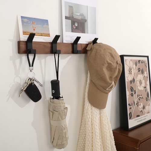 Coat Rack Wall Mount - 15.7 Inches Walnut Wood Coat Hooks Coat Rack Wall Mount with 4 Hooks Black Aluminum Coat Hooks for Hanging Coat Hat Bag Hat Rustproof Coat Hanger - size: 4 Hooks