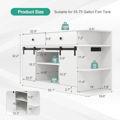 75 Gallon Fish Tank Stand with RGB LED & 6-Outlet Charging Station, 55-75 Gallon Aquarium Cabinet with Sliding Doors, 1200 lbs Capacity, White - color: White, size: 55.1"L x 19.6"W x 32.2"H