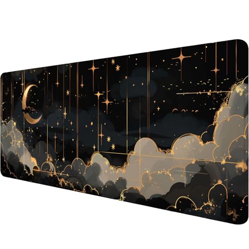 Black Gold Celestial Desk Mat - Extended Gaming Mouse Pad with Stitched Edge Non-Slip Base - 31.5"x11.8" - color: Black Gold Celestial_012, size: 11.8" x 31.5"