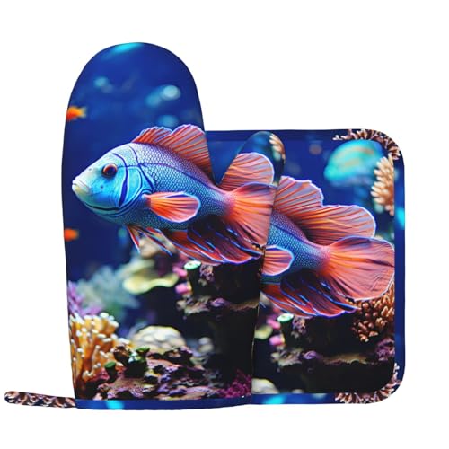 Coral Reef Fish Aquarium Oven Mitts and Pot Holders Sets of 2 Heat Resistant Silicone Oven Gloves Hot Pad Non-Slip Long Oven Mitts Potholders Extra Thicken Kitchen Mittens for Cooking