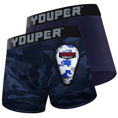 Youper 2 Pack Youth Brief with Soft Protective Athletic Cup, Youth Compression Underwear for Baseball & Football - color: Navy & Camo, size: Medium