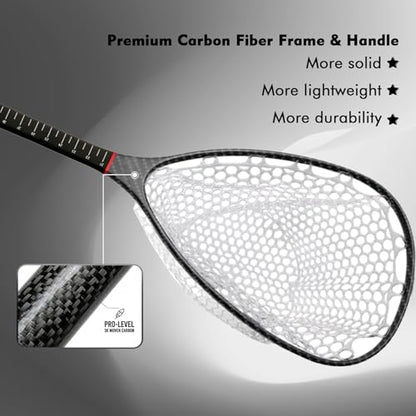 Riverruns Fly Fishing Landing Net Carbon Fiber Trout Net with Measurement Handle, Soft Rubber Mesh - 26" Standard (Wading) / 37" Long (Kayak) - color: 37" Kayak Net (Long) - Black 3K Woven