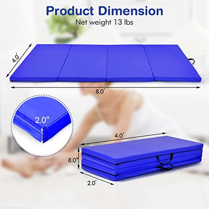 GYMAX Gymnastics Mat, 4 FT x 8 FT x 2 Inches Folding Exercise Mat w/Carry Handles & Sturdy Stitching Waterproof Cover, Tumbling Mat for Yoga Stretching Martial Arts Home Gym - color: Dark Blue