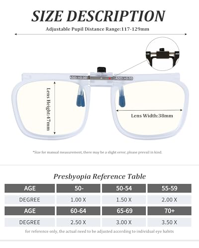 Reading Glasses Clip On Eyeglasses Adjustable PD Magnifiers Blue Light Blocking Lenses Readers for unisex - color: White