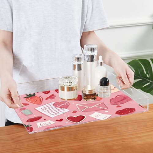 Acrylic Tray Clear Serving Vanity Ottoman Bathroom Coffee Table Countertop Organizer Raised Edge Spill Proof Pink Love Strawberries Hearts Letters - color: Pink Love Strawberries Hearts Letters