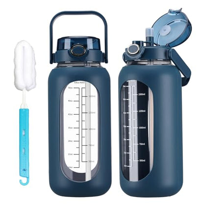 chunmo 52oz Glass Water Bolttles with Straw Half Gallon Large Motivational Water Bottle - color: Dark Blue, size: 52 Ounces